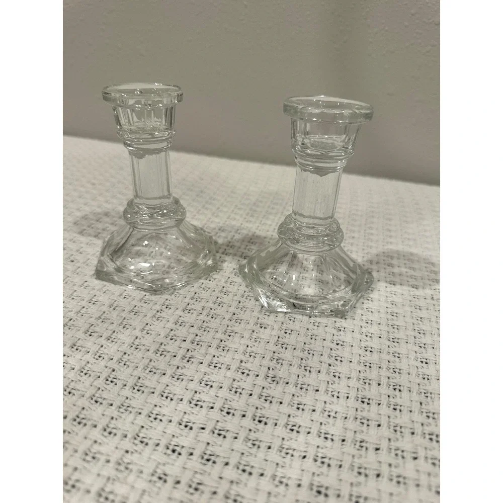 Vintage Glass Candlestick Set Clear Hexagon Base Fluted Taper Colonial Decor
